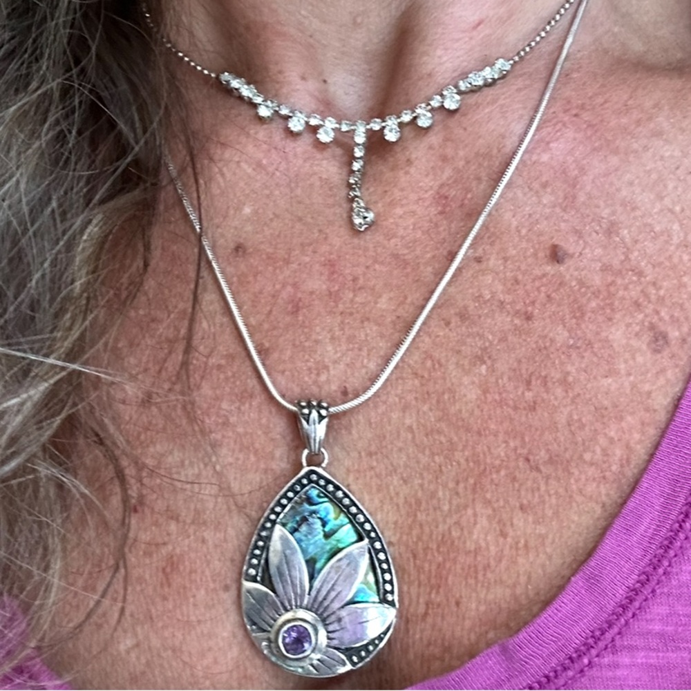 SET - Sterling Silver Abalone Amethyst Pendant Necklace Earrings Set - Picture 2 of 11